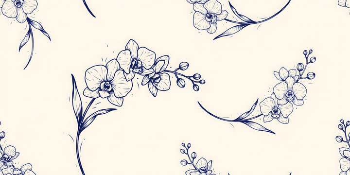 Repeating pattern of blue orchid stems and buds arranged in a flowing composition on a light beige background, botanical wall