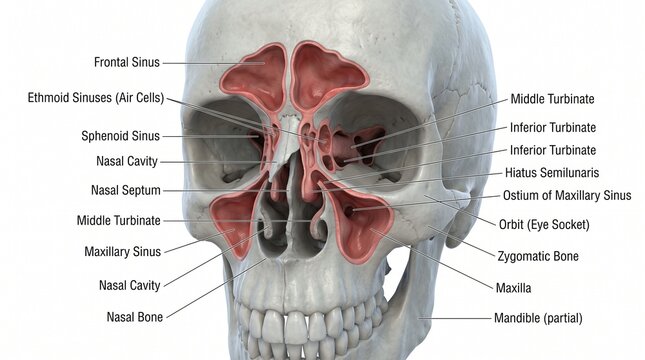 Medical Illustration of Human Skull and Sinus Cavities with Anatomical Labels