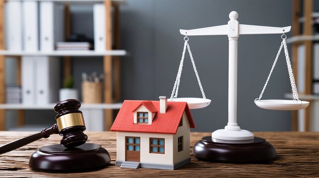 Symbolic Representation of Real Estate Law and Justice with Gavel and Scales of Justice on Wooden Desk