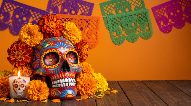 Dia de los Muertos Day of the Dead Celebration with Colorful Sugar Skull, Marigold Flowers, Candle and Papel Picado 