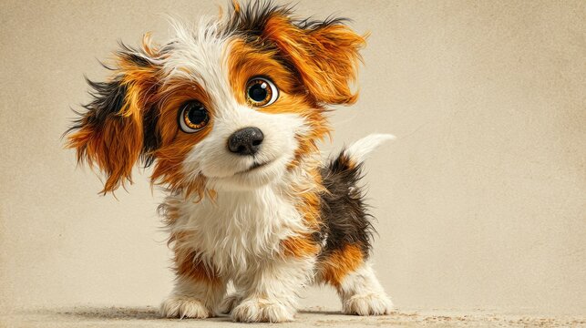 Adorable Fluffy Tri-Color Puppy with Big Expressive Eyes.