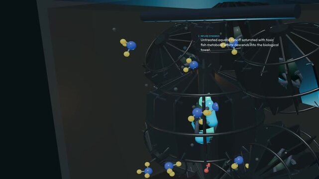 3D animation of aquarium bioball filtration process, demonstrating how beneficial bacteria metabolize toxic ammonia waste into benign nitrates to maintain a balanced aquatic micro-ecosystem