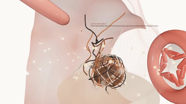 3D animation showing feline hairball formation in the stomach and the mechanism of anti-hairball control diets using insoluble cellulose fibers to help trichobezoars pass safely through the pylorus