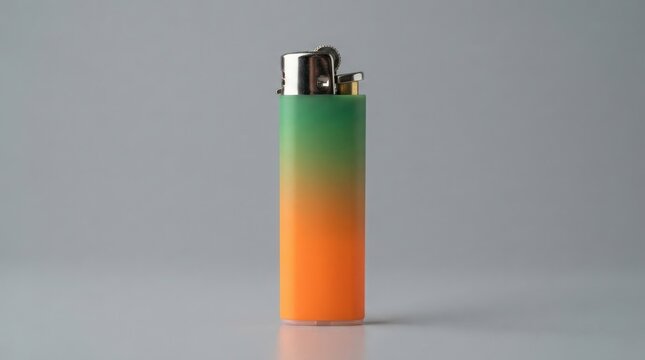 A small green and orange plastic cigarette lighter standing upright for lighting fire and smoke