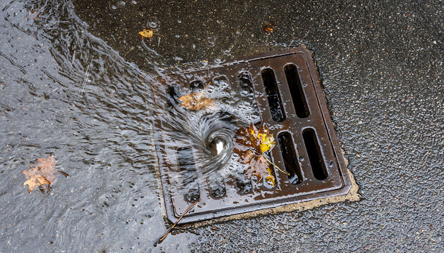 Water swirls into a street drain during rainfall, surrounded by autumn leaves on an asphalt surface.