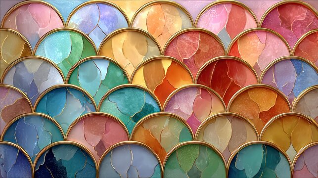 Mosaic of jewel-toned, scallop-shaped tiles with golden trim, creating an artistic design