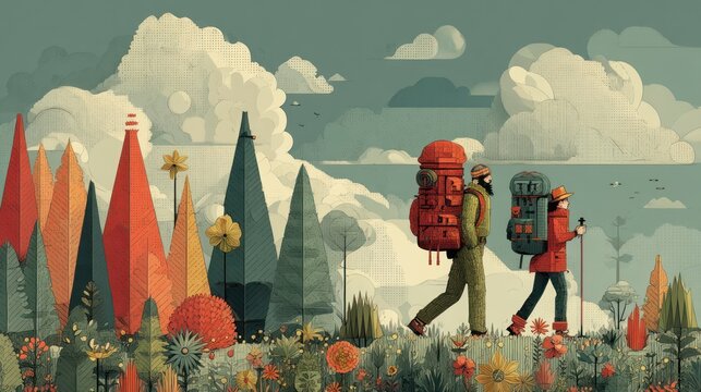 Two hikers with backpacks traversing a colorful forest under a cloudy sky