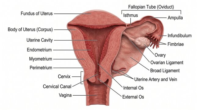 Anatomical cross-section of the female reproductive system showing the uterus, ovaries, and fallopian tubes with labels