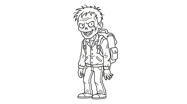 Cartoon Zombie Character with Backpack, Spooky Halloween Illustration, Black and White Outline