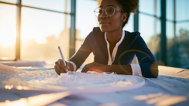 Young architect designing a building structure model in a modern office with sunlight