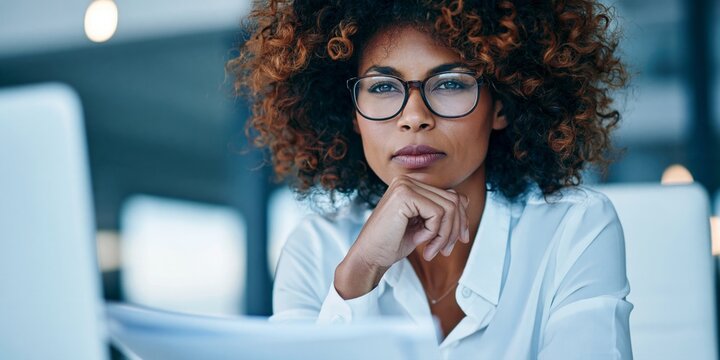 Young black businesswoman wearing glasses and contemplating, showing professionalism and determination