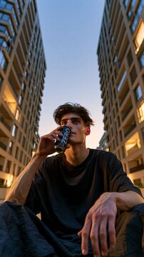 Young man enjoying a beverage in the city at sunset between modern buildings