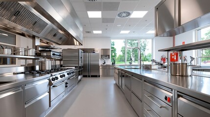 Obraz premium Modern Stainless Steel Commercial Kitchen Equipment with Large Window and Natural Light
