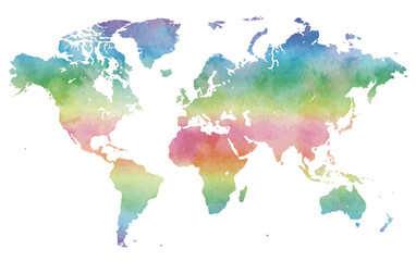 Colorful watercolor-style world map using the Mercator projection. © NANANAMUu