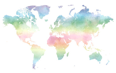 Colorful watercolor-style world map using the Mercator projection. © NANANAMUu