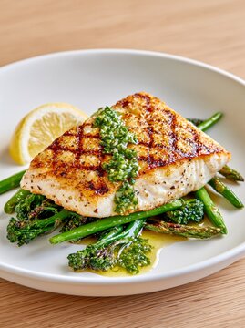 Grilled fish fillet with green chimichurri sauce served alongside broccolini, asparagus, and a lemon wedge