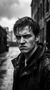 Angry Intense Young Man in Rain Dramatic Black and White Alley Portrait