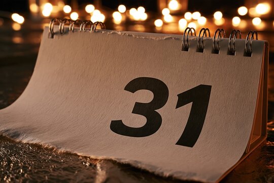 Close-up of a tear-off calendar page showing the number 31, with a warm bokeh background of blurred lights, symbolizing the end of a month or year.