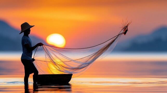 Silhouette Fisherman Casting Net in Calm Water During Golden Sunset with Mountain Outline