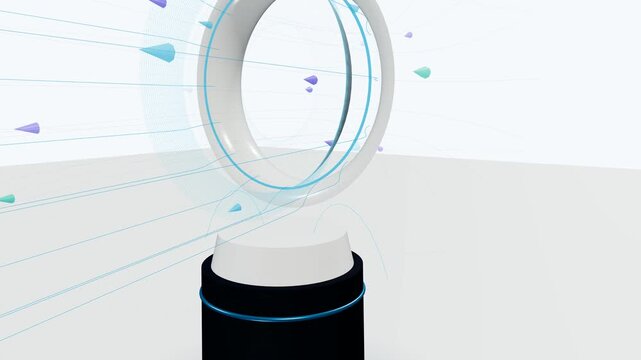 3D animation demonstrating the Coanda effect and fluid dynamics in a bladeless fan air multiplier showing airflow acceleration and direction