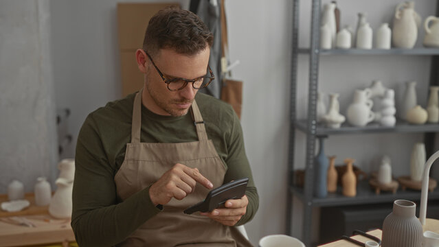 Man in apron holds a card reader and makes a fist pump while smiling amid pottery shelves in a ceramics studio; joy success.
