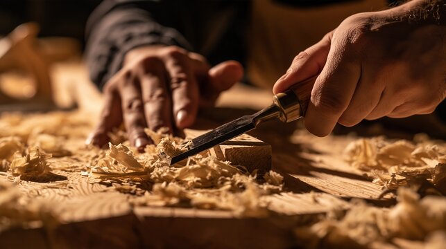 Skilled craftsman's hands carefully carving wood with a chisel, creating shavings in a workshop