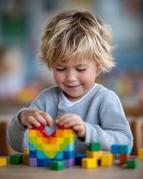 Happy child playing with colorful blocks, focusing on building a structure