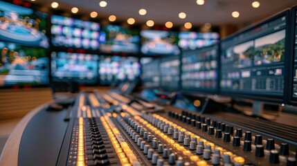 Obraz premium Professional broadcast studio control room with multiple monitors and audio mixing console