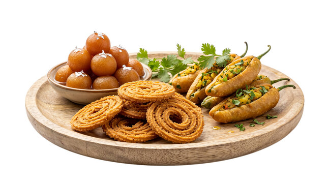 Indian snacks platter with gulab jamun chakli and stuffed chili