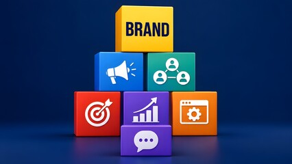 Fototapeta premium Brand Strategy Building Blocks Pyramid With Communication And Growth Icons