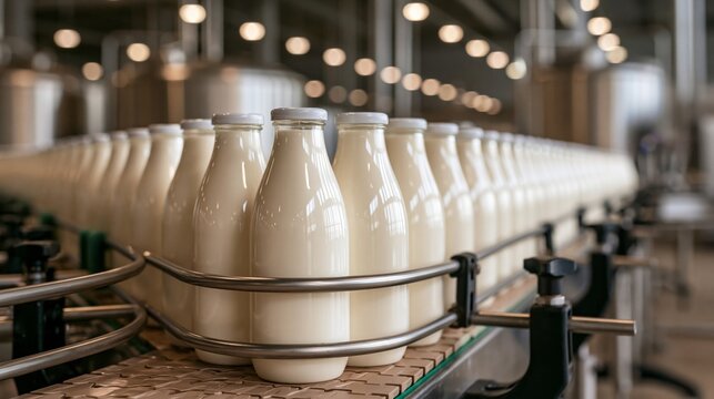 Milk bottles moving along a production line inside a modern dairy processing factory