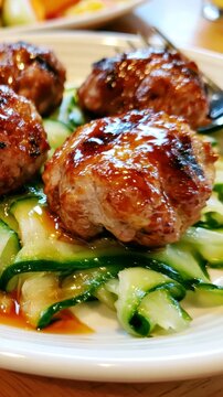 Savory teriyaki meatballs served on a refreshing bed of cucumber ribbons, drizzled with glaze