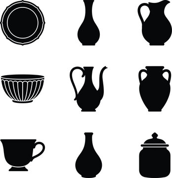 Collection of 9 Islamic ceramic vessel silhouettes in a 3x3 grid, including Iznik plates, vases, jugs, bowls, and cups, presented as simple black icons on a white background