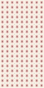 Repeated stylized red botanical branches and tiny geometric accents create a refined cream-colored folk surface pattern with a handcrafted character for apparel, paper, and interiors.