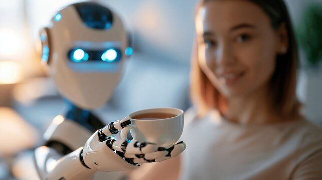 Friendly humanoid robot offering a cup of tea to a smiling woman, futuristic home assistance