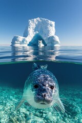 Obraz premium Underwater Seal and Arctic Iceberg Landscape with Curious Fox on Top
