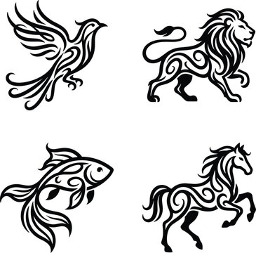Collection of four ornate zoomorphic silhouettes, bird, lion, fish, horse, decorative flowing strokes, flat black icons on white background