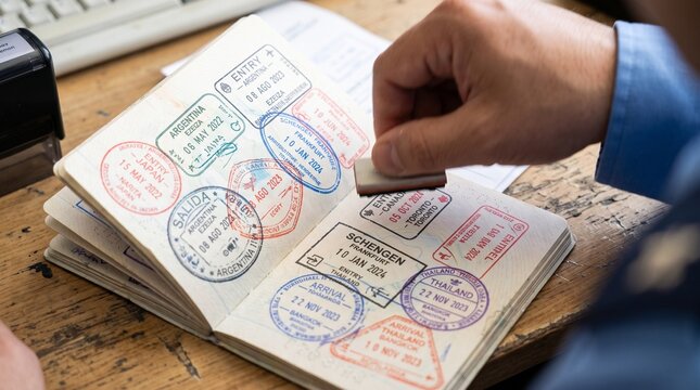Person checking passport stamps from international travel and visa collection