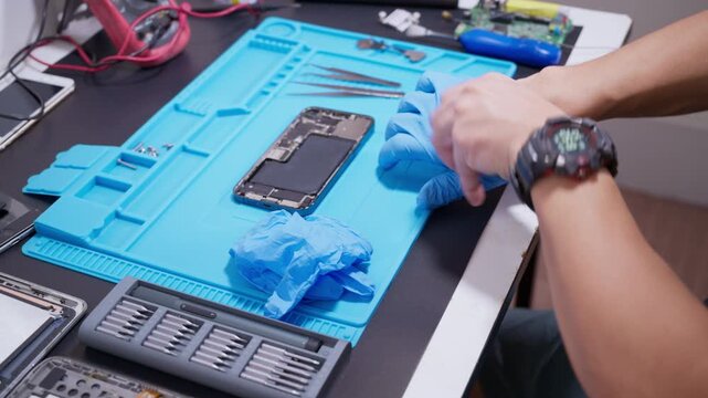 technician repairing internal micro-electronics component inside an opened smartphone on a blue mat as a concept for hardware maintenance service, right to repair information technology