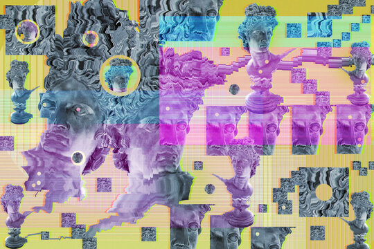 Abstract Glitch Art Illustration Featuring Classical Antique Sculpture Bust with Digital Distortion VHS Noise Scanlines and Vibrant Rainbow Colors Background Graphic Element