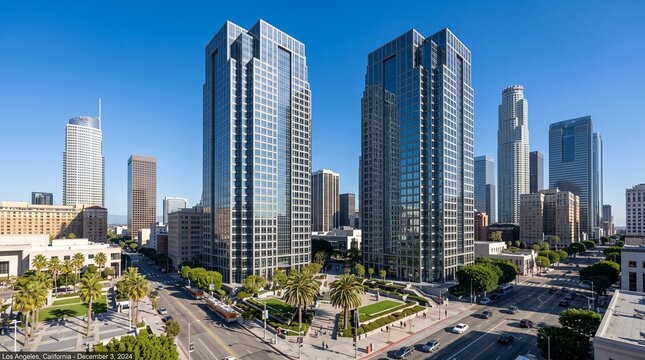 Modern downtown skyline with wide city streets and urban park during daytime