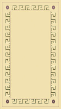 An elegant rectangular frame pairs olive Greek key lines with mauve floral corner ornaments, leaving a generous central area for invitations, menus, or heritage branding.