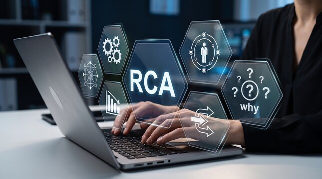 RCA Root Cause Analysis Concept Business Professional Hands Typing on Laptop with Digital Hologram Interface for Problem Solving Strategy Website Banner