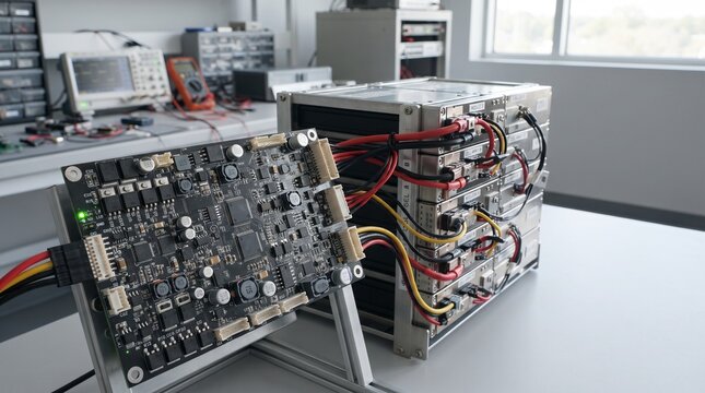 Battery management system circuit board connected to lithium battery pack module in engineering laboratory test setup.