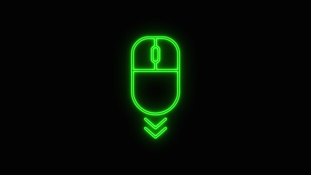 Green Neon Computer Mouse Scroll Down Icon on Black Background