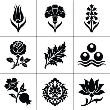 Set of 9 flat black Ottoman Iznik floral motif icons including tulip, carnation, hyacinth, rose, saz leaf, cintemani, pomegranate blossom, palmette, lotus blossom, isolated on white