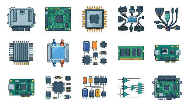 Dynamic Collection of Colorful Electronic Components and Circuit Boards Illustrated in Stylized Art