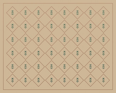 Small green sprigs repeat inside outlined diamonds across a warm beige field, producing a gentle botanical texture suited to wallpaper, fabric, wrapping paper, and branding.