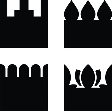 Set of four black silhouette battlement icons, featuring stepped merlon, fishtail parapet, rounded scallop, and Mughal lotus shapes, isolated on white