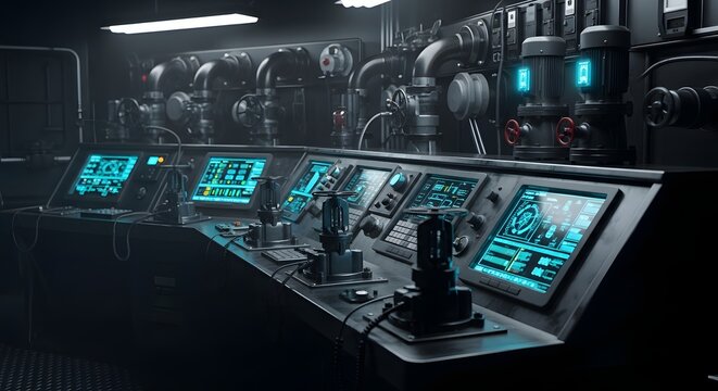 Futuristic high tech control room with digital screens and industrial machinery inside a vessel bridge.